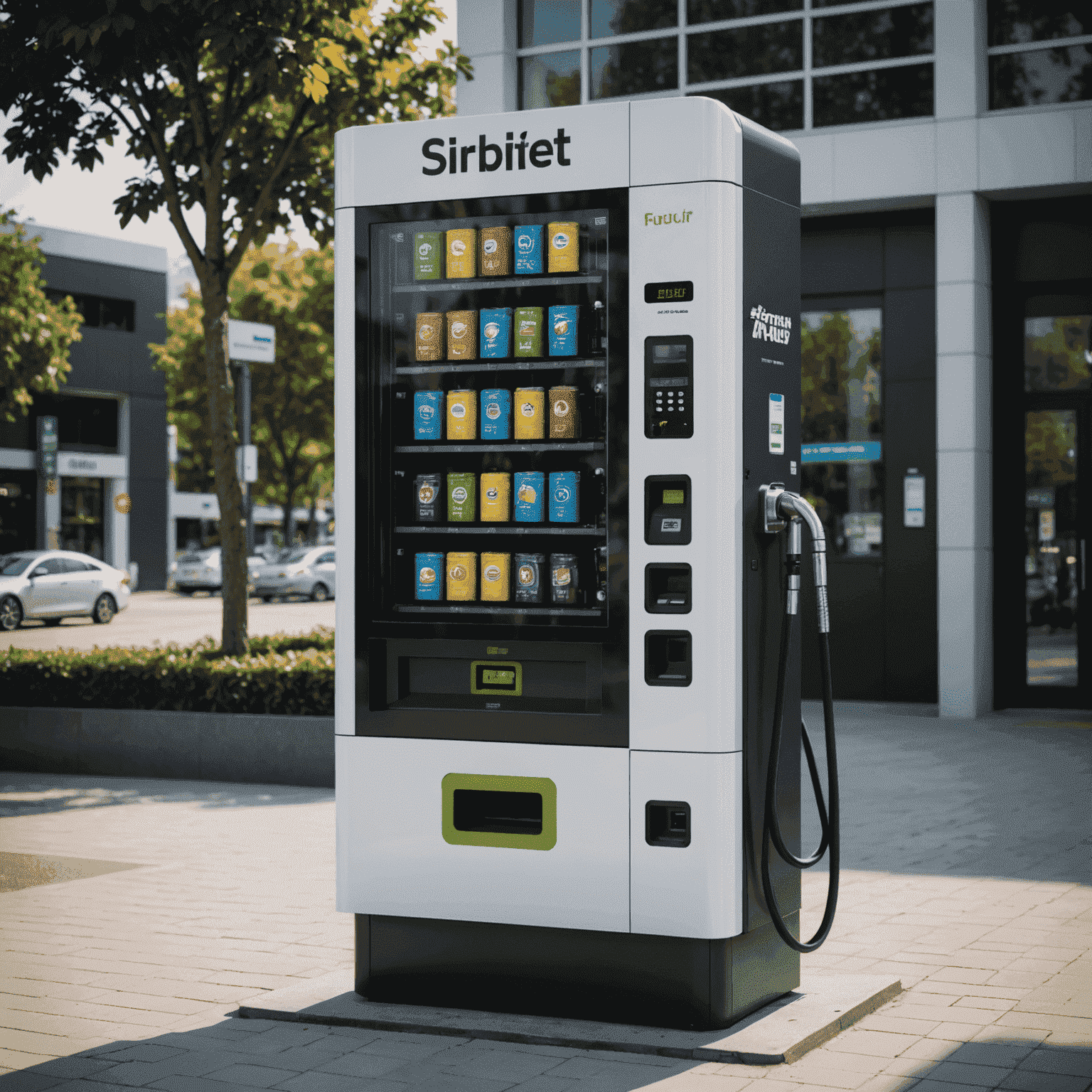 A modern fuel vending machine with a sleek design, displaying a digital interface and multiple fuel nozzles. The machine is situated in a well-lit area, showcasing its 24/7 accessibility.