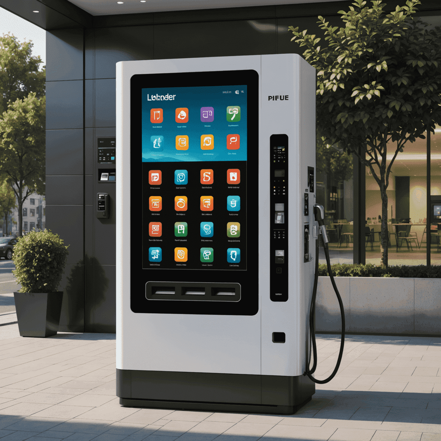 A modern fuel vending machine with a sleek design, positioned in a well-lit area. The machine has a large touchscreen interface and multiple fuel nozzles.