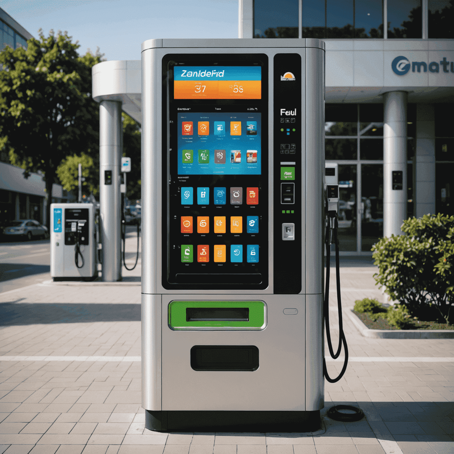 A modern fuel vending machine with a sleek design, displaying a digital interface and multiple fuel nozzles. The machine is situated in a well-lit area, showcasing its 24/7 accessibility.