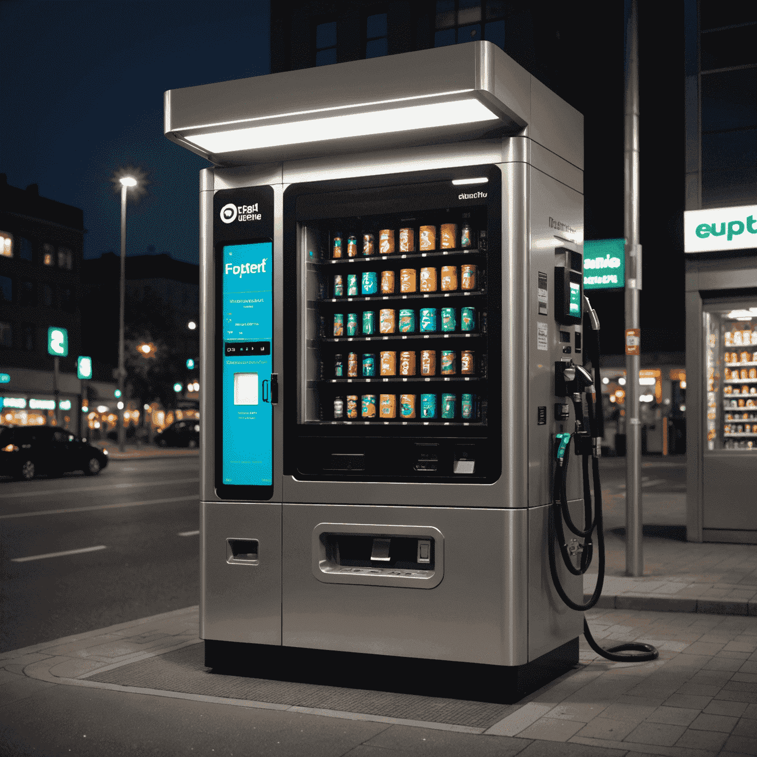 A modern fuel vending machine at night, illuminated and ready for use. The machine has a sleek design with a digital interface and multiple fuel nozzles.