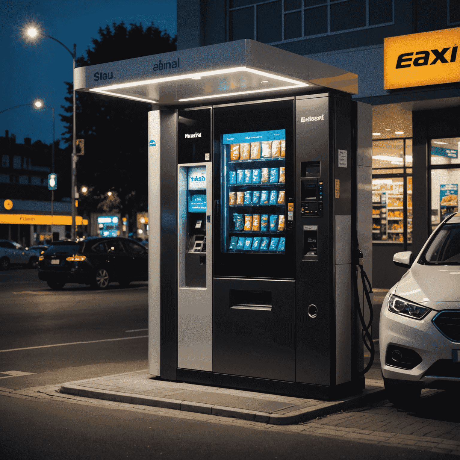 A modern fuel vending machine illuminated at night, with a car parked nearby and a person using the machine interface