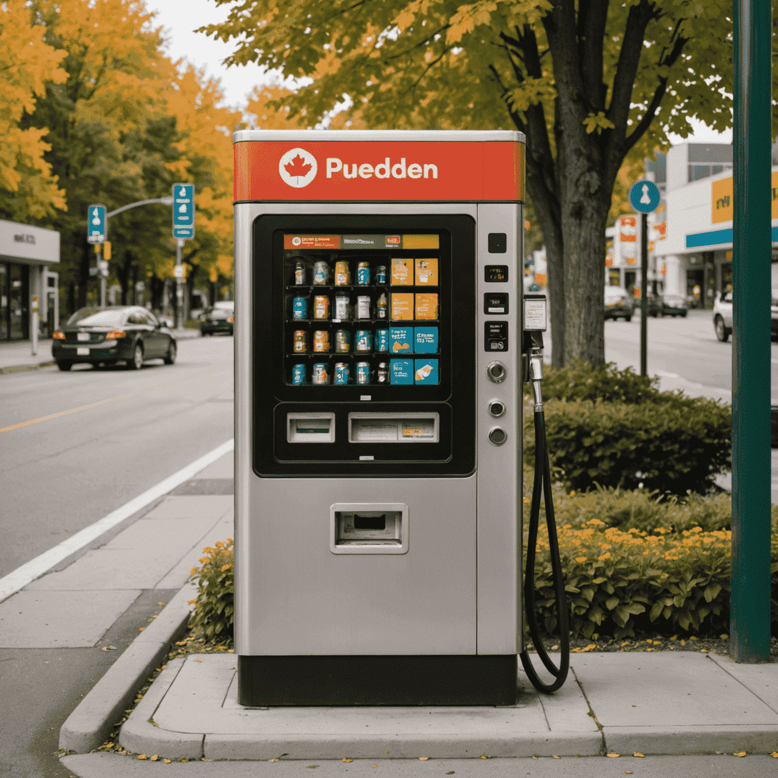 A fuel vending machine in Canada with regulatory compliance stickers visible