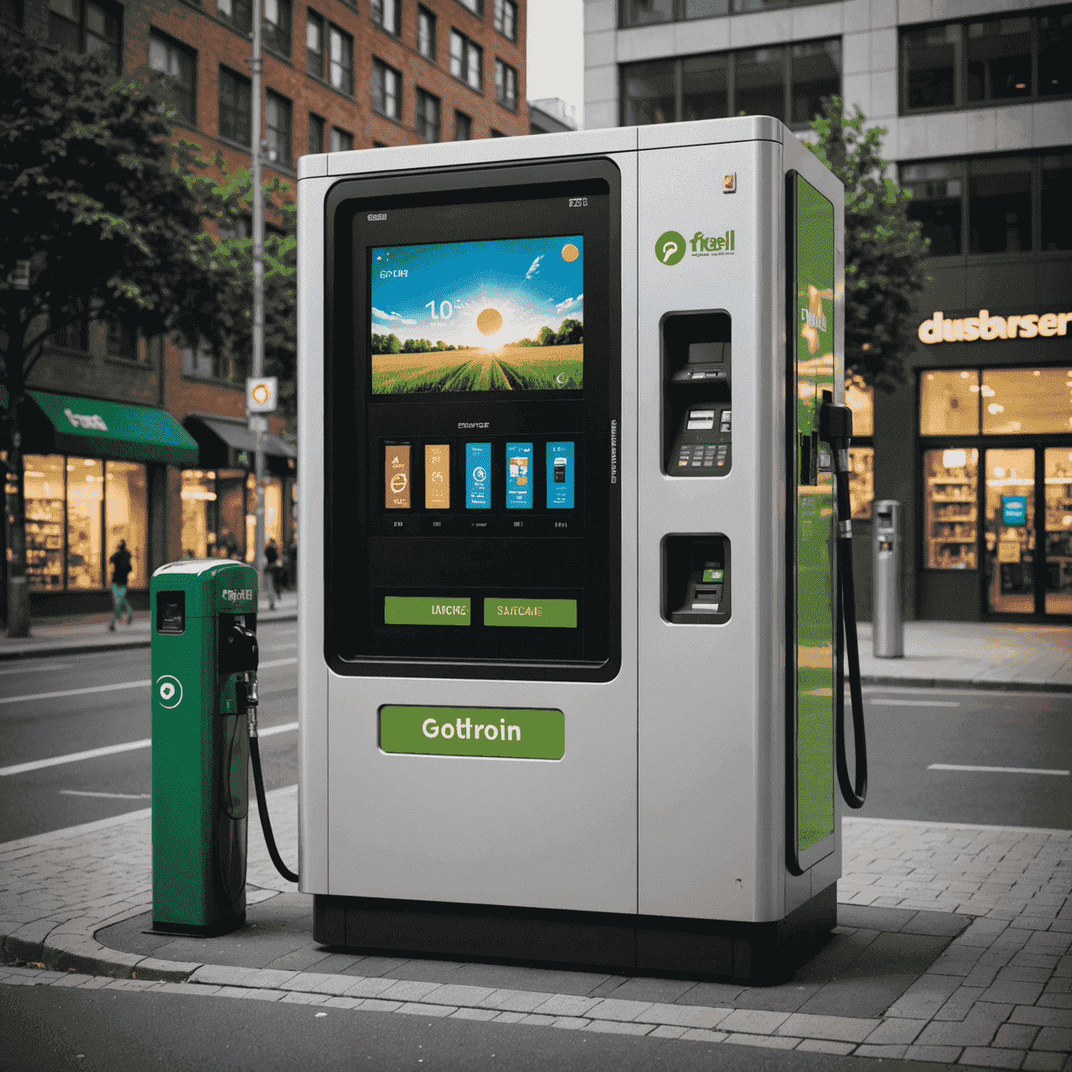 A modern fuel vending machine in an urban setting, showcasing its sleek design and digital interface. The surrounding area appears clean and well-maintained, suggesting eco-friendly practices.