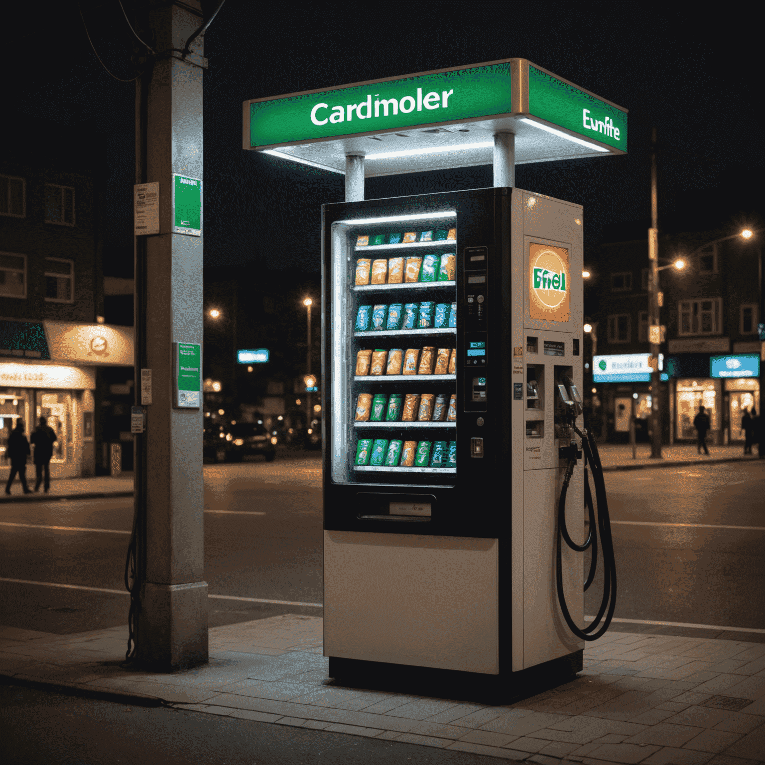 A fuel vending machine illuminated at night, with a customer using it. The background shows a quiet, empty street, emphasizing the 24/7 availability.