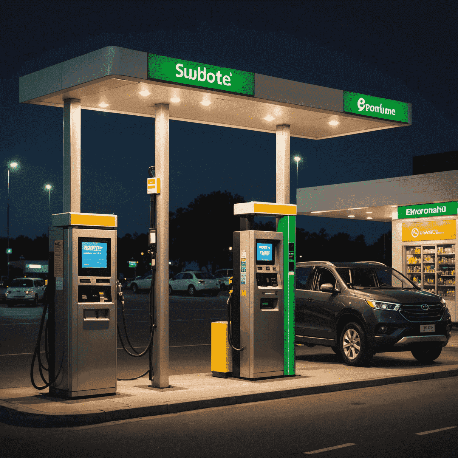 A fuel vending machine illuminated at night, with a customer refueling their vehicle. The image emphasizes the convenience of round-the-clock access to fuel.