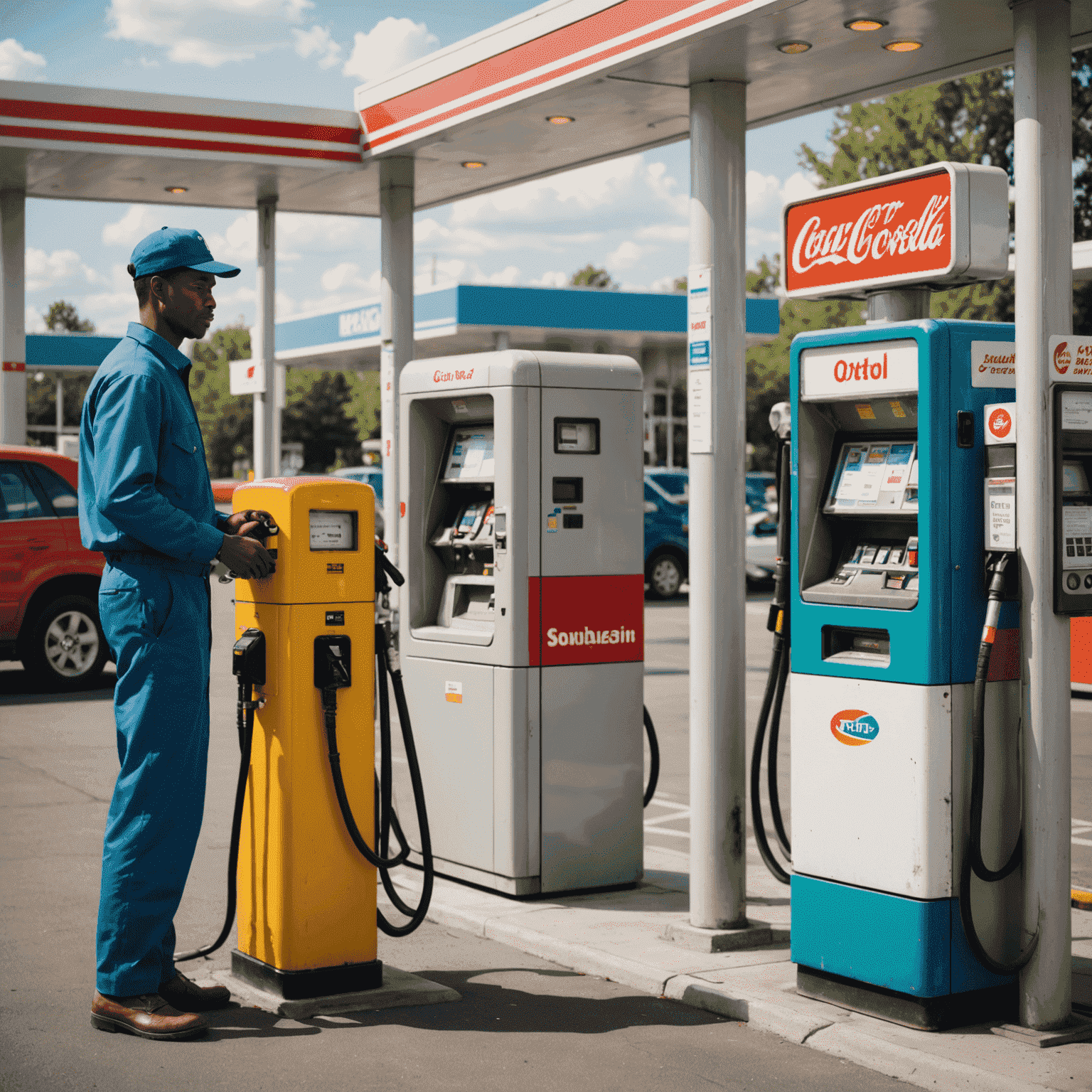 A split-screen image showing a traditional gas station attendant on the left and an automated fuel vending machine on the right, highlighting the contrast between old and new refueling methods.