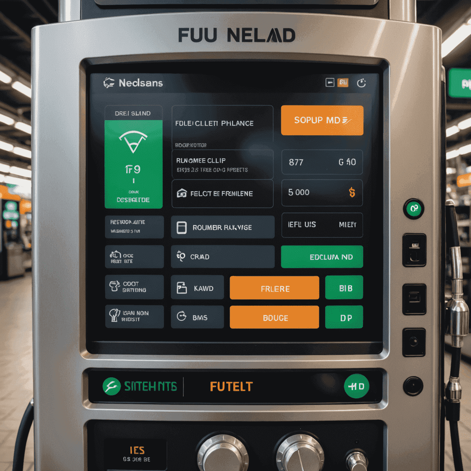 Close-up of a fuel vending machine interface showing payment options and fuel selection screen