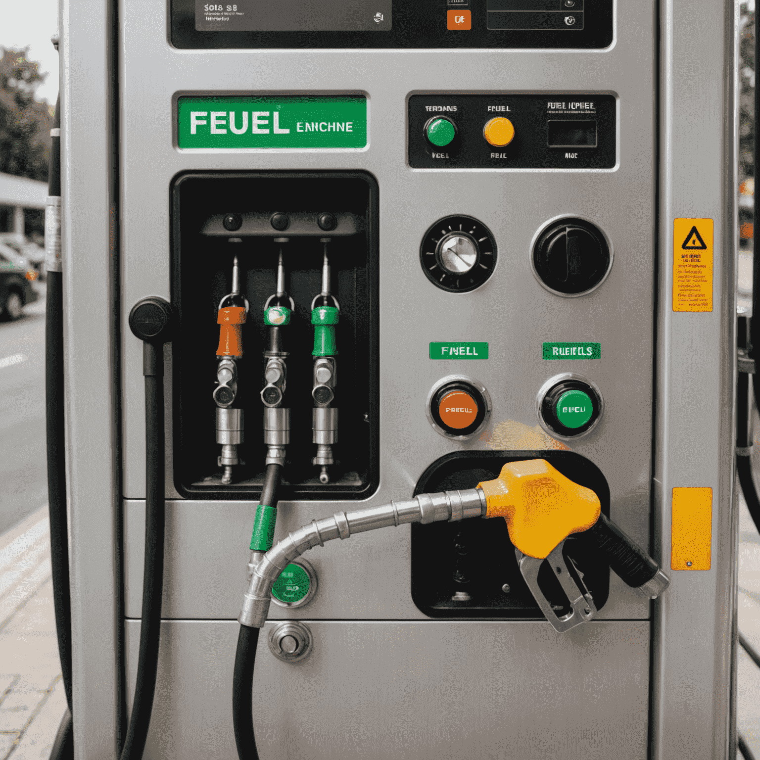 Close-up of a fuel vending machine's dispensing mechanism, showing the nozzle, hose, and internal piping