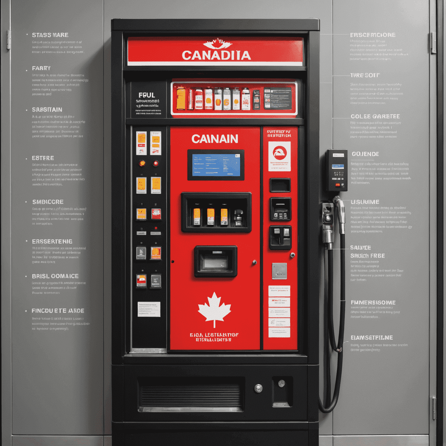 A diagram showing safety features of a Canadian fuel vending machine including emergency shut-off and fire suppression systems