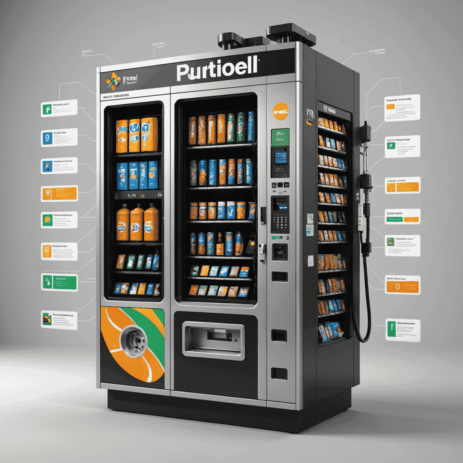 An exploded view diagram of a fuel vending machine, showcasing its internal components such as pumps, payment systems, and digital controls.