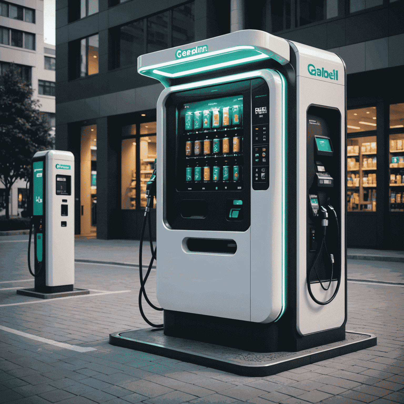 A futuristic fuel vending machine with multiple nozzles for different fuel types, including gasoline, diesel, and an electric charging port. The machine is situated in a clean, well-lit area with energy-efficient LED lighting.