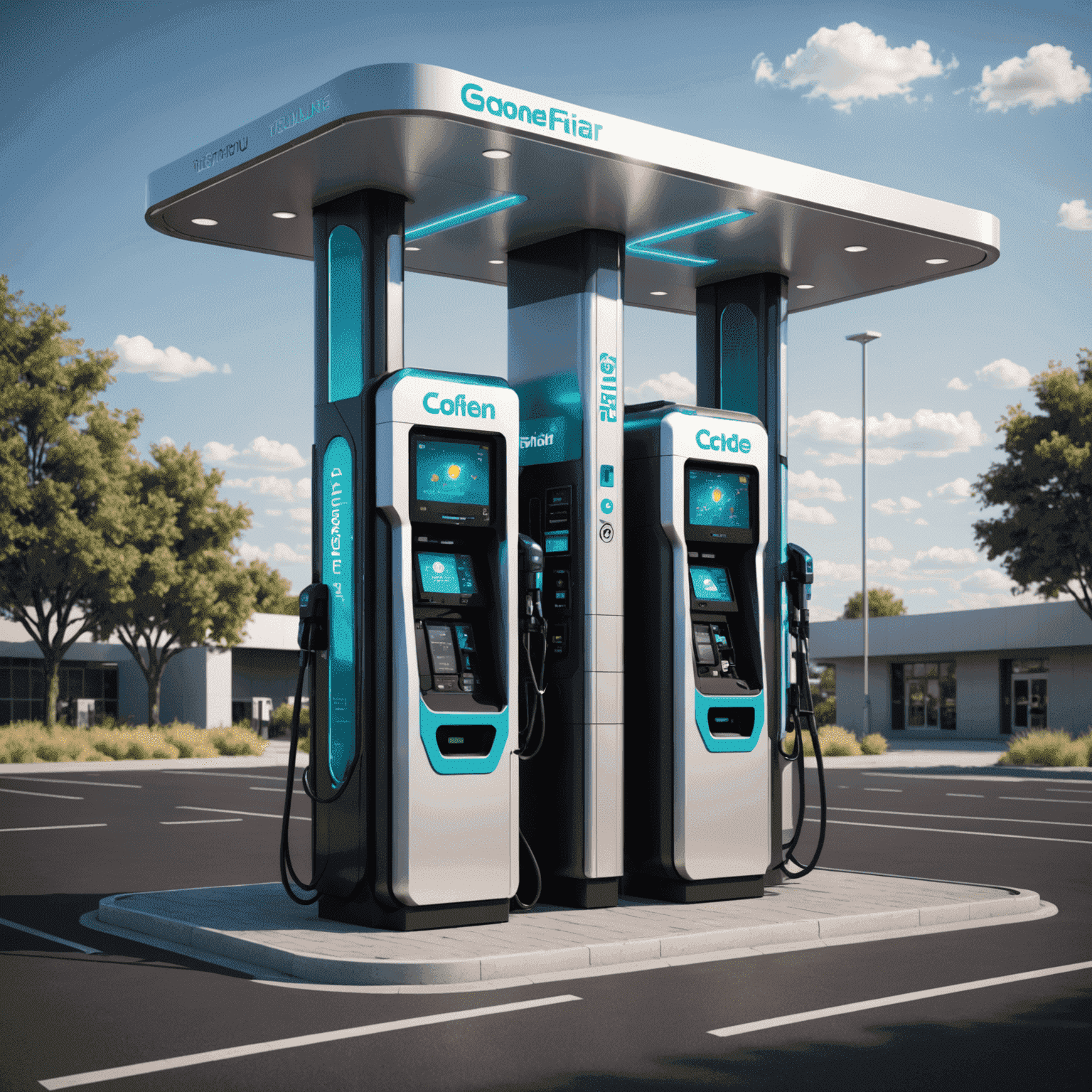 Futuristic concept of a multi-fuel vending station with options for gasoline, diesel, and electric charging