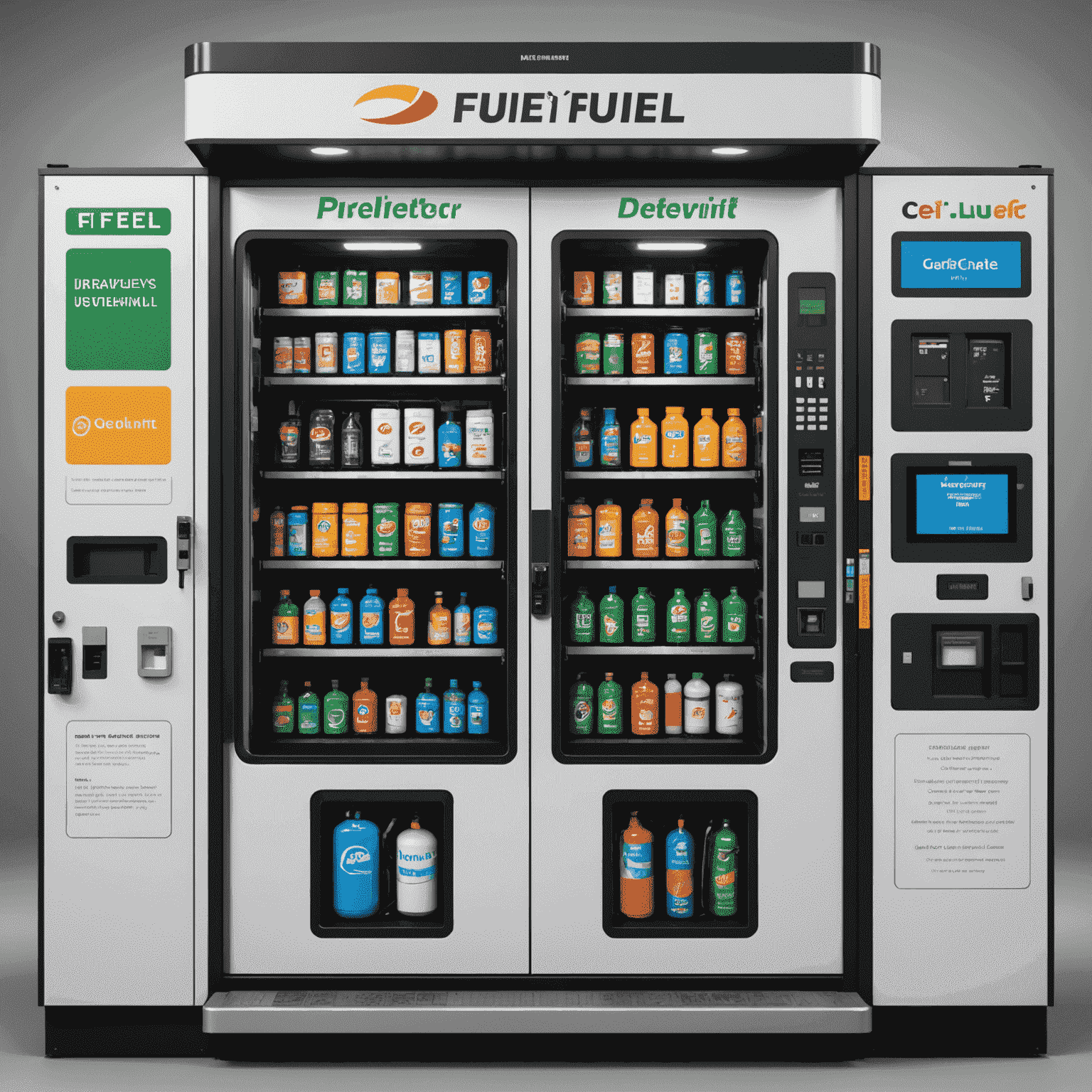 Diagram showing the internal layout of a fuel vending machine, highlighting key components such as tanks, pumps, and control systems