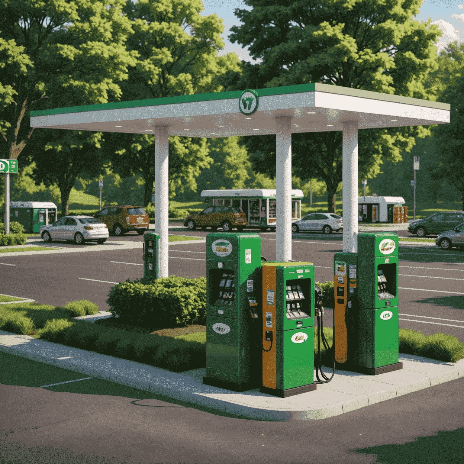 A side-by-side comparison of a large traditional gas station and a compact fuel vending machine setup. The image highlights the significant difference in land use, with the vending machine area surrounded by green space.