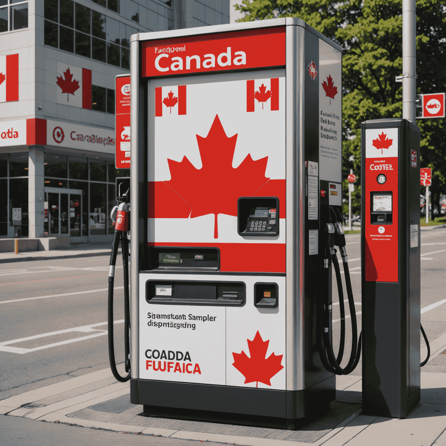 A fuel vending machine with Canadian flag elements, surrounded by regulatory signage and safety information, illustrating the legal aspects of automated fuel dispensing in Canada.