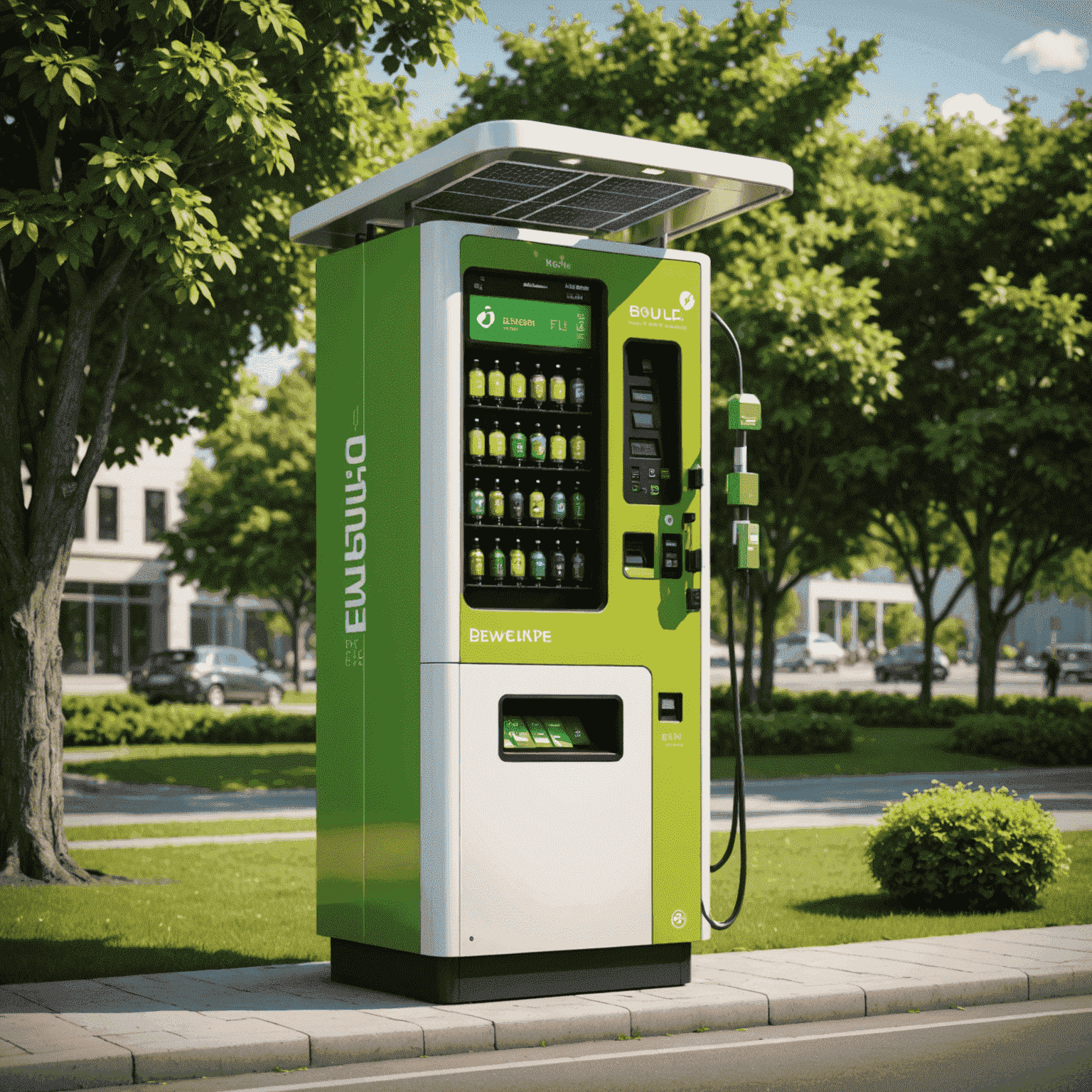 An eco-friendly fuel vending machine with solar panels and a green energy indicator, placed in a natural setting to emphasize its environmental benefits.